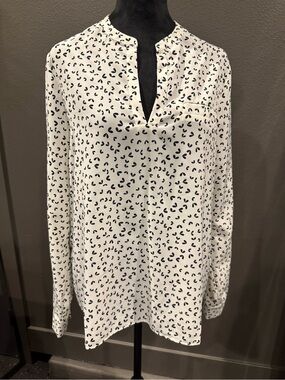 Lumiere White Long-Sleeve Split-Neck Blouse with Black Dot Print